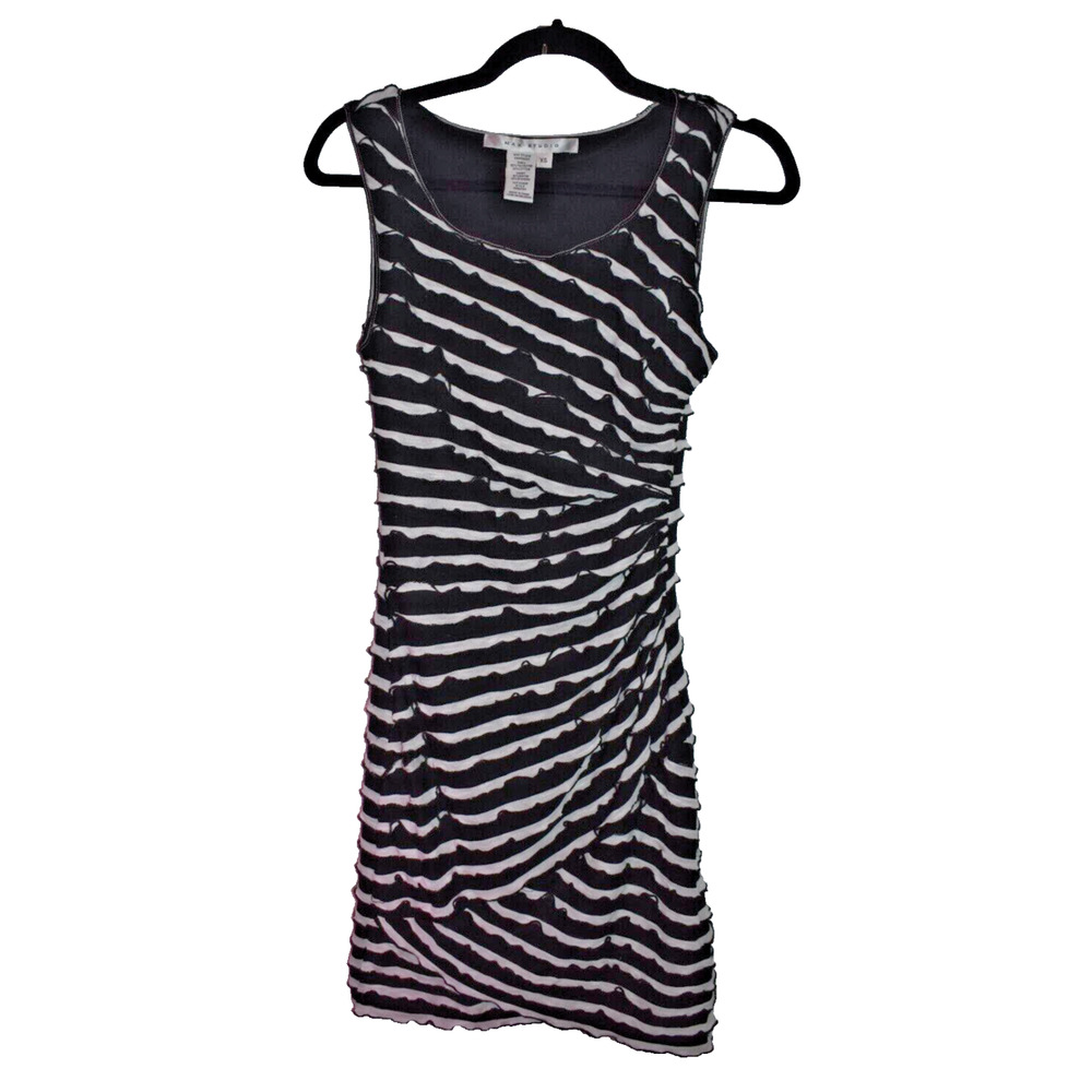 MAX STUDIO Diagonal Ruffle Stripe Black White Bodycon Mini Dress XS Extra Small